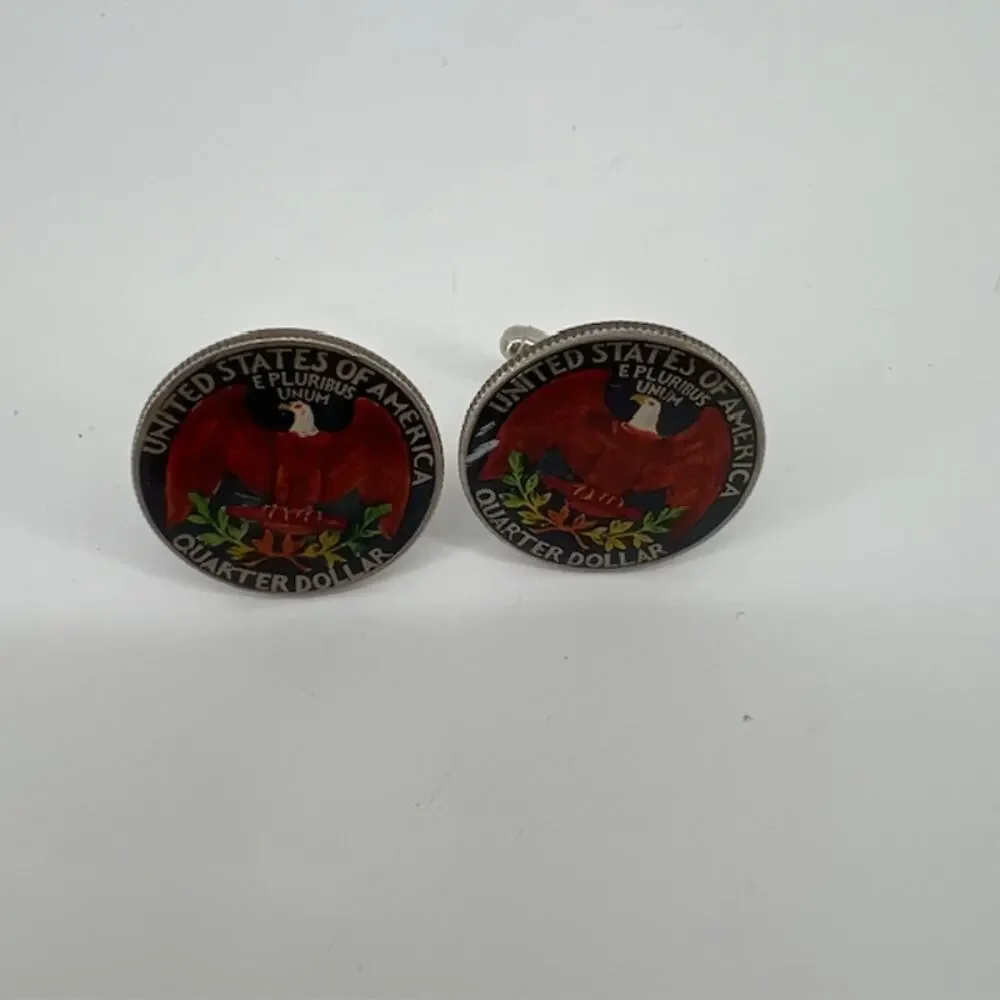 Quarter Dollar Cuff Links Hand painted Enameled Coin Collector Wedding Gift USA